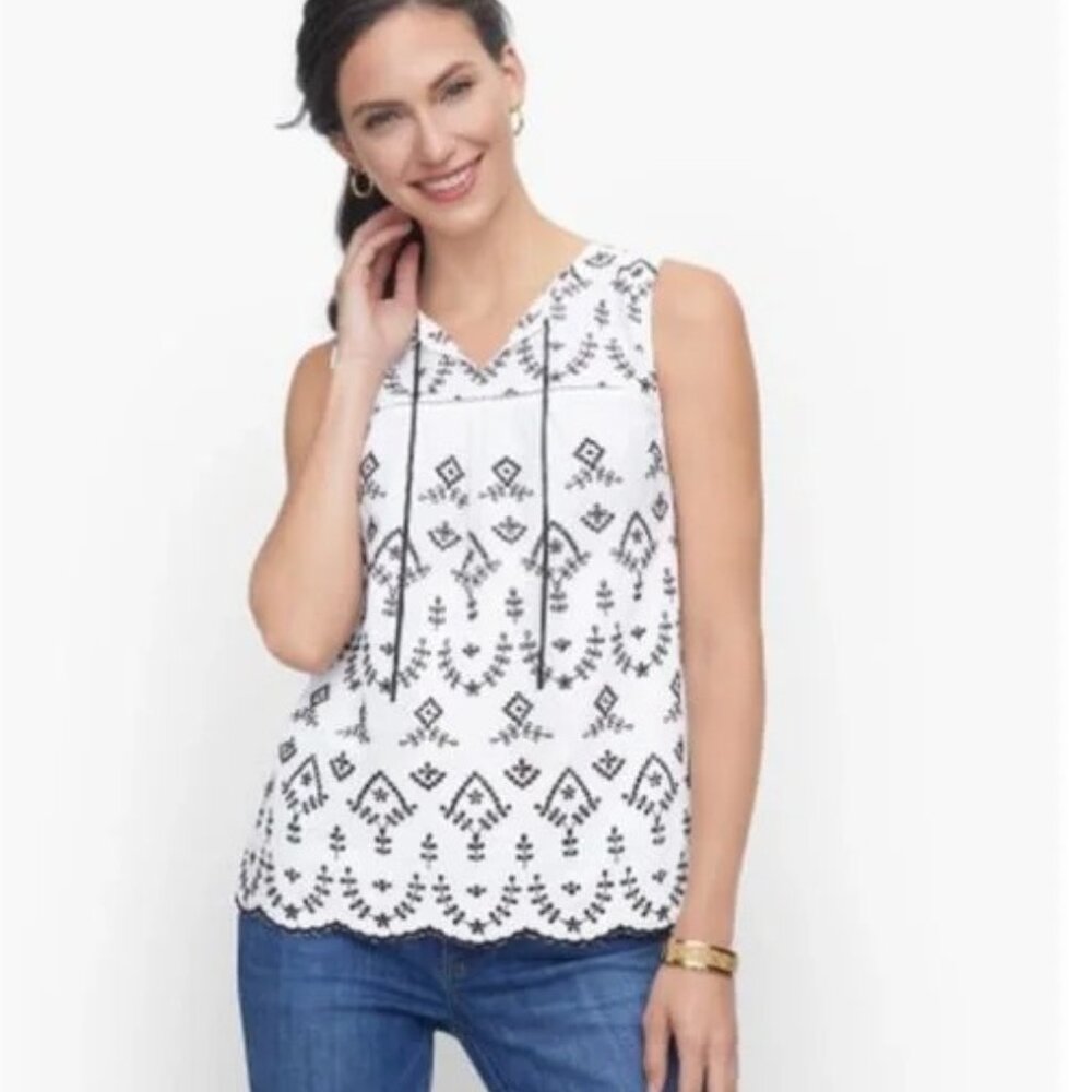 Talbots Embroidered Scallop Hem Sleeveless Linen Blend Blouse Size MP EUC